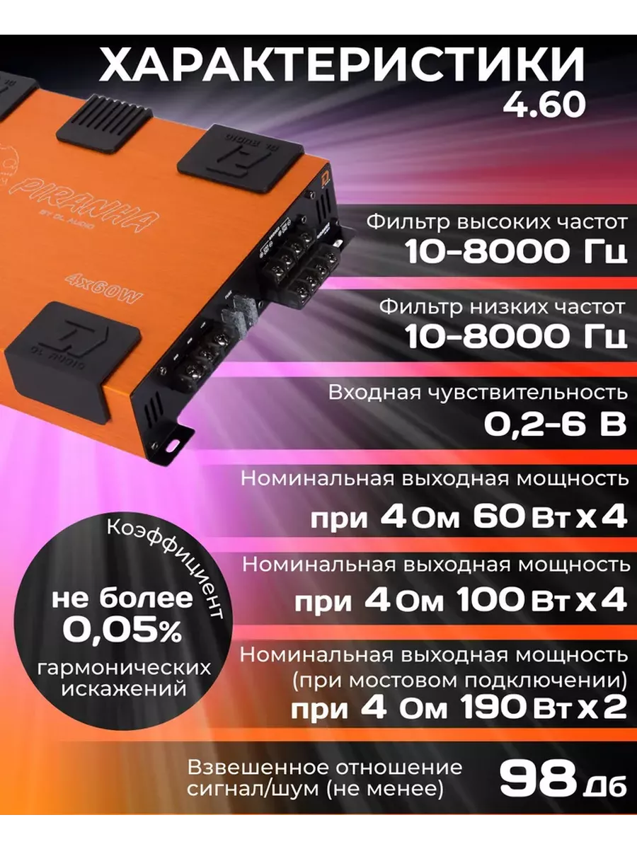 четырехканальный усилитель автомобильный Piranha 4.60 DL AUDIO 190455717  купить в интернет-магазине Wildberries