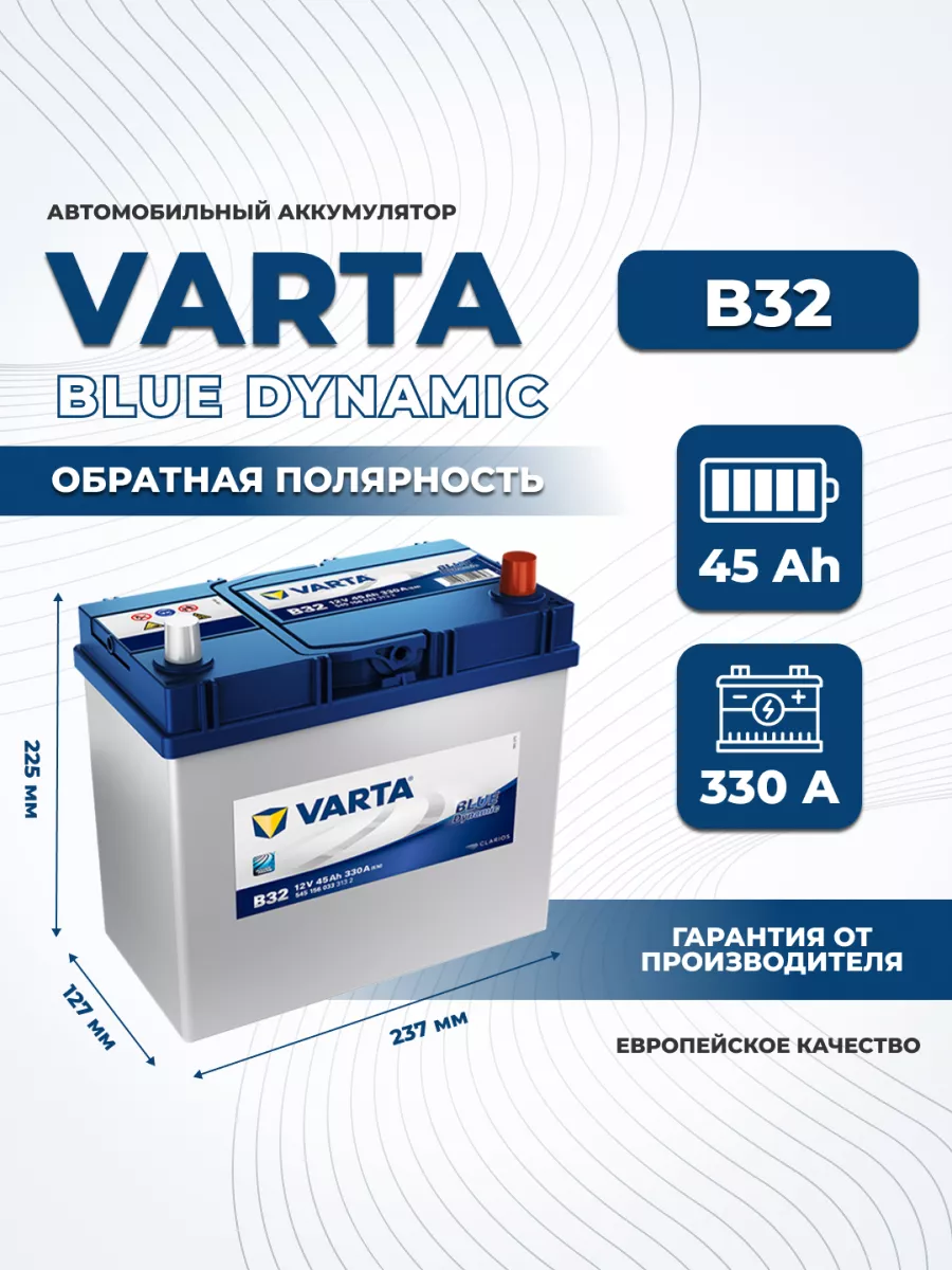 Аккумулятор автомобильный VARTA B32 45Ah 330A ОП легковой VARTA 190528053  купить за 13 500 ₽ в интернет-магазине Wildberries