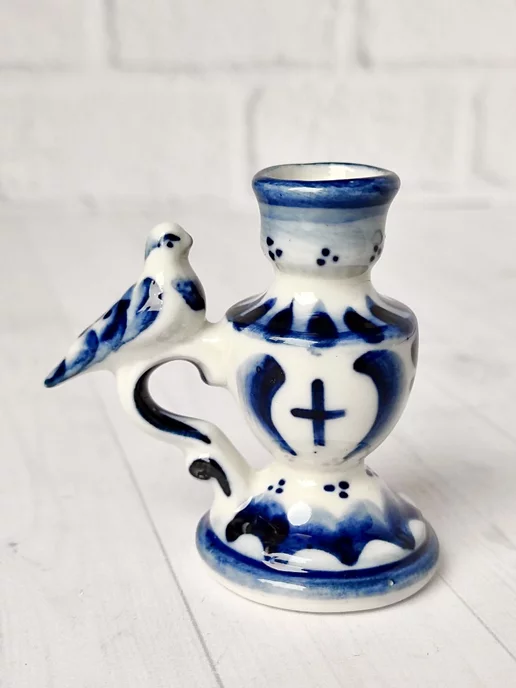 Легенда Гжели Подсвечник фарфоровый С птичкой Гжель, синий, фото 4
