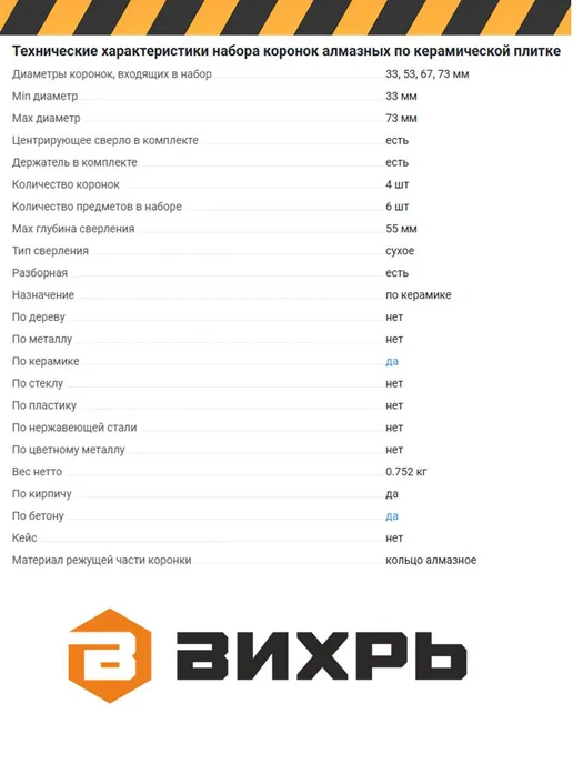 ВИХРЬ Набор коронок по керамической плитке, 33-53-67-73 мм, вариант, фото 4