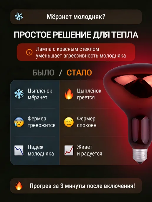 КЭЛЗ. Инфракрасная лампа для обогрева содержания птиц животных кур, красный, фото 2