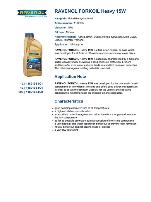 RAVENOL FORKOIL Heavy масло вилочное 15W минеральное 1 л, 15 Вт, 1 л, фото 5
