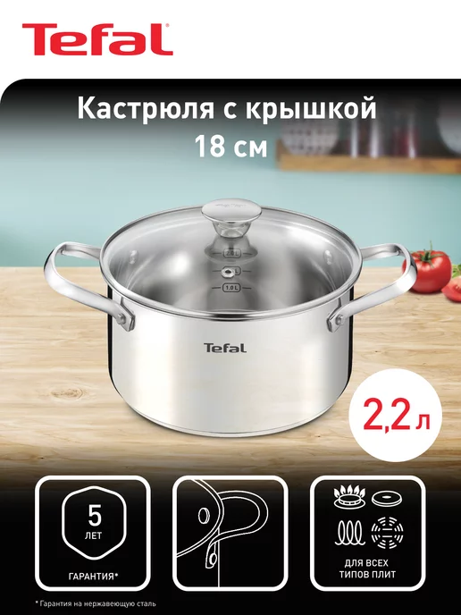 Tefal Кастрюля со стеклянной крышкой Cook Eat, 18 см, 2,2 л, 2,2 л