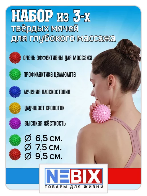 NEBIX Жесткий массажный мячик с шипами для стоп и спины 7,5 см, синий, фото 2