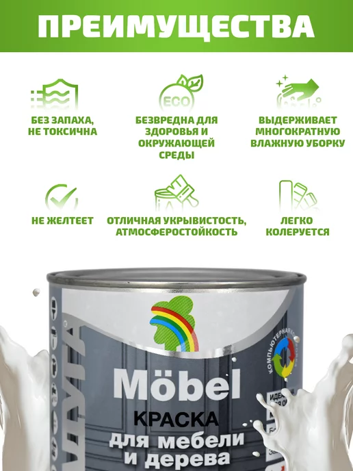 РАДУГА лакокрасочный завод Краска для мебели без запаха белая Радуга Mobel 0,9 л, 900 мл, фото 3