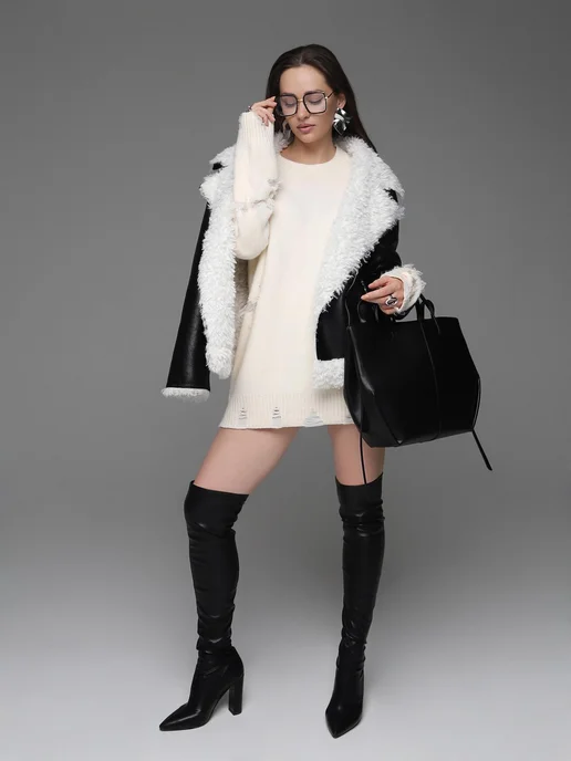 QUI Fashion Дубленка демисезонная авиатор из экомеха, черный, фото 2