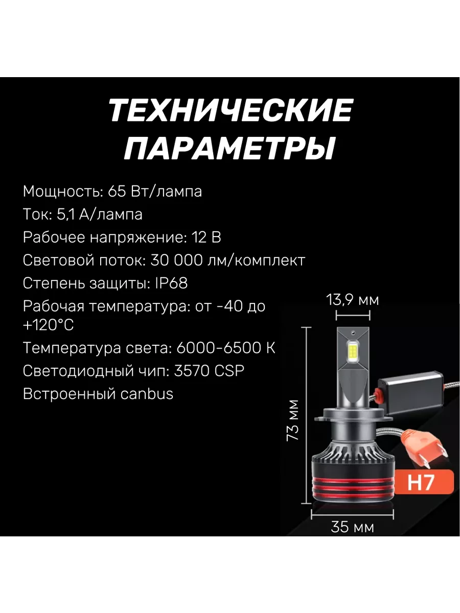 Светодиодные лампы для автомобиля, цоколь H7, 2 шт. Kige 191387891 купить  за 2 722 ₽ в интернет-магазине Wildberries