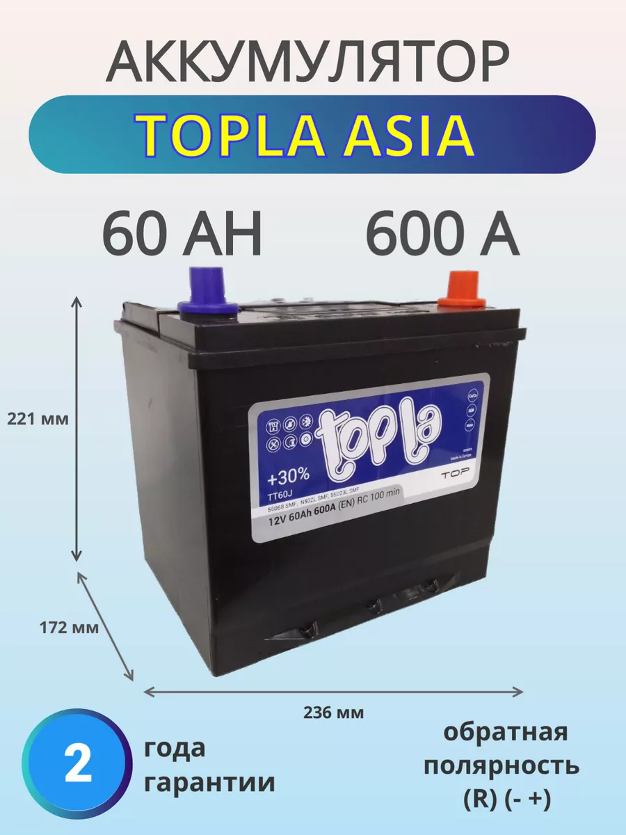 Аккумулятор автомобильный 60 Ач 600 А обратная полярность Topla 191398257  купить в интернет-магазине Wildberries