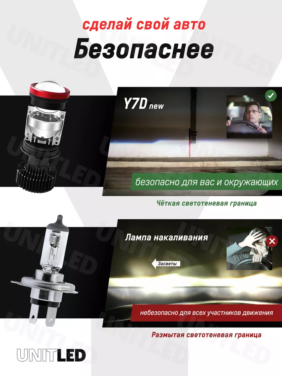 Автомобильные лампы H4 Y7D светодиодные bi led мини линзы UnitLED 191511244  купить за 2 820 ₽ в интернет-магазине Wildberries