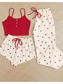 Пижама с сердечками комплект тройка с шортами и штанами 191804752 купить за 1 461 ₽ в интернет-магазине Wildberries