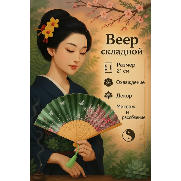 Веер складной деревянный зеленый, с кисточкой